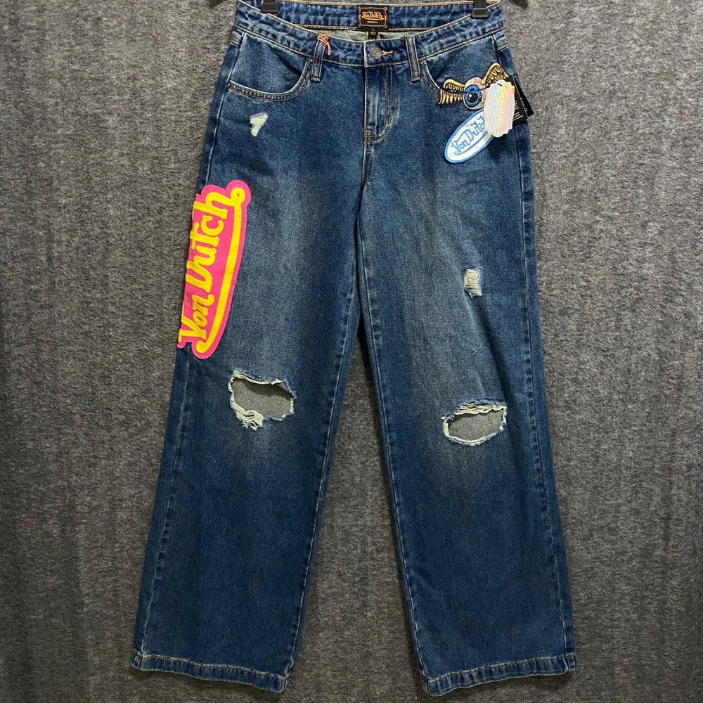 NEW Von Dutch Wide Leg Jeans‎ Womens 1 Blue Denim Y2K Baggy Distressed Patchwork